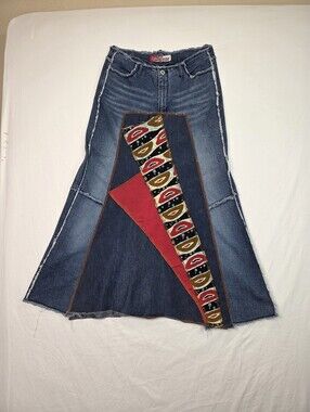 Vintage Lazer Jeans Patchwork Denim Maxi Skirt Boho Y2K Raw Hem Size 13